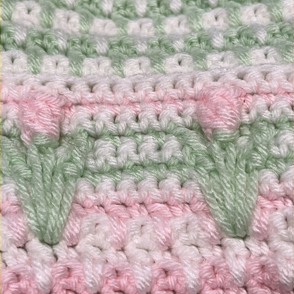 Pink and Green Crochet BABY CRIB BLANKET, PINK ROSE Throw Blanket SIZE 38X40” - Picture 7 of 9